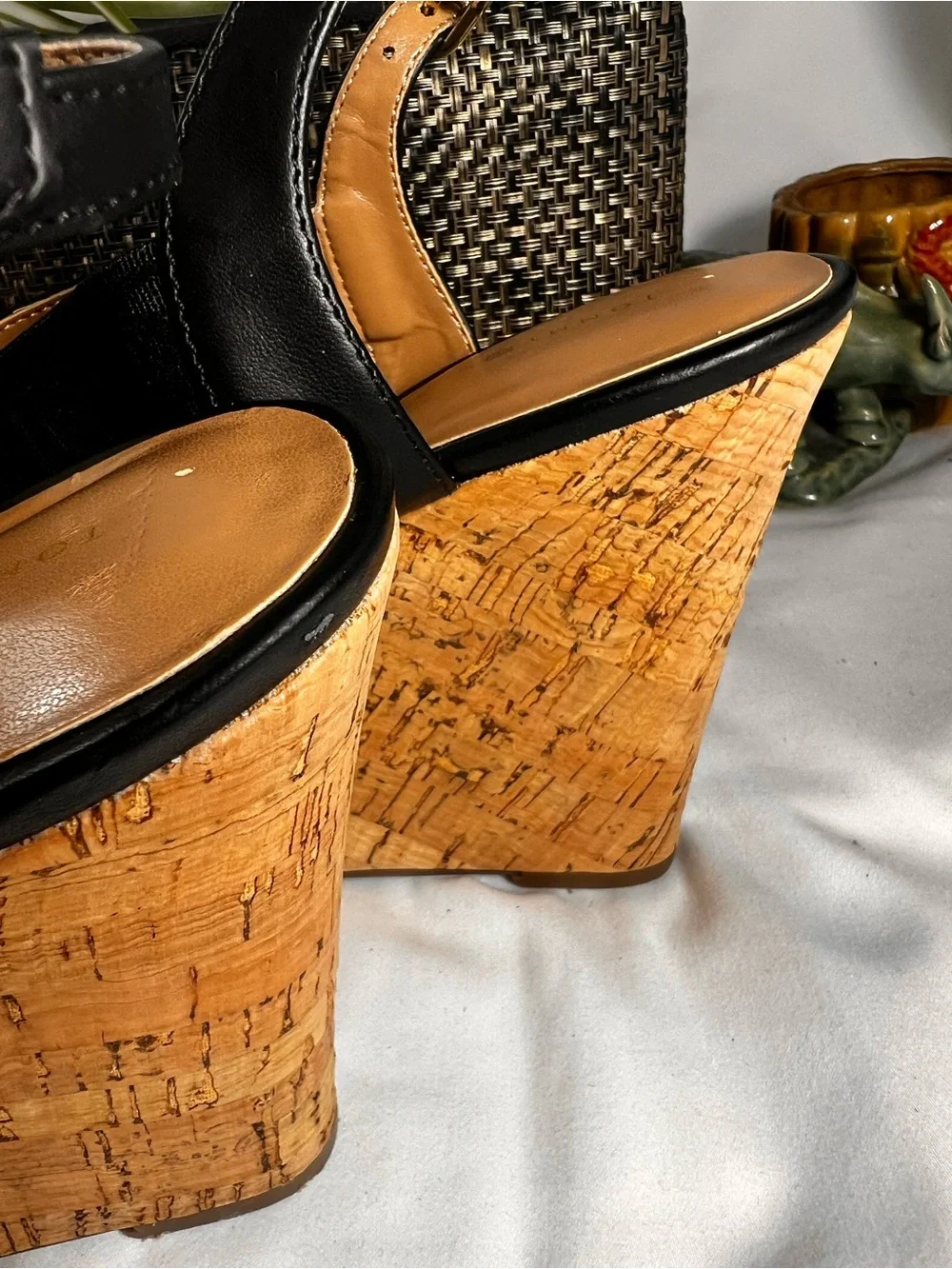 Tommy Hilfiger Black Leather Strappy Wedge Sandals